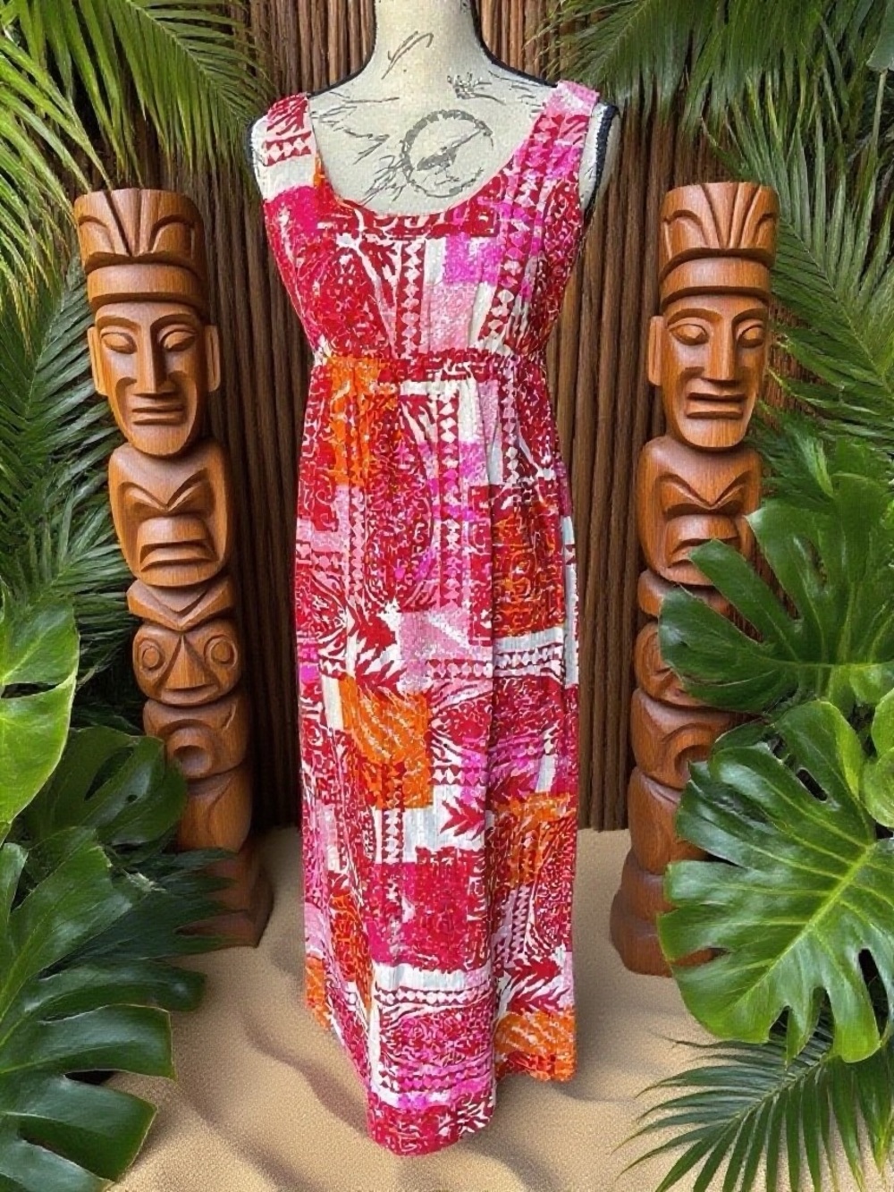 VTG 70s Hawaiian Pomare Tahiti Barkcloth Maxi Dress Abstract Art-to-Wear - XS